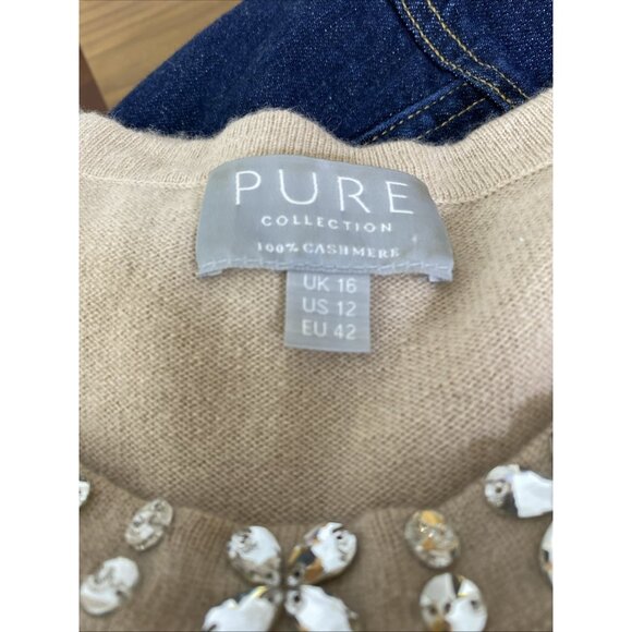 Pure Collection Cashmere Sweater Jumper Womens US 12 UK 16 Tan Rhinestone Detail - Picture 7 of 7